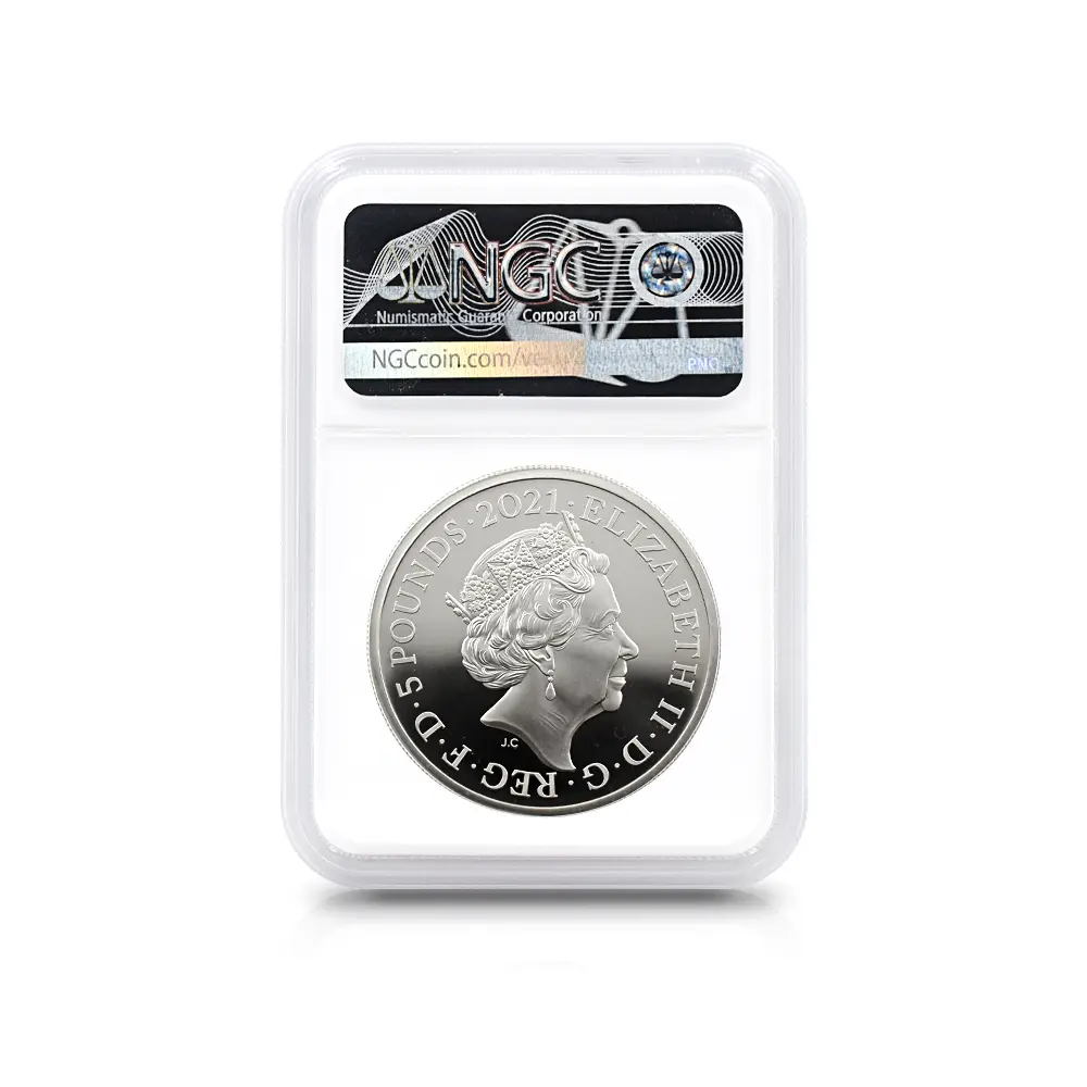 モダンコイン5：5633 2021 エリザベス2世 ゴチッククラウン・リバースシールド 5ポンド2オンス銀貨 ファーストリリース PF70UC 箱付き