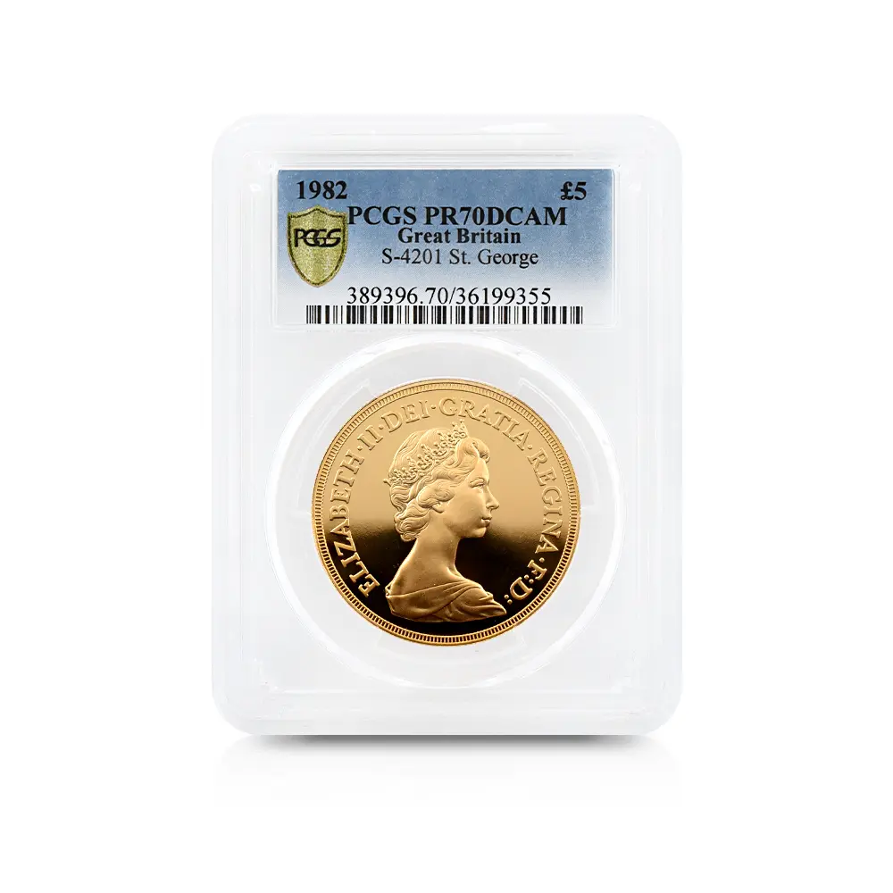 モダンコイン4：5640 1982 エリザベス2世 ヤングエリザベス 聖ジョージ竜退治 5ポンド金貨 PCGS PR70DC S-4201